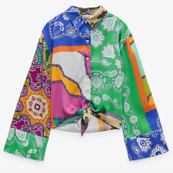 ZARA Artsy Crop Top with Tie-Front Bell Sleeve Detail XS - Picture 6 of 13